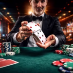 Embaralhando cartas em mesa de poker com fichas coloridas, em um cassino iluminado