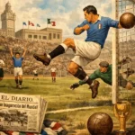 Representação histórica do início da Copa do Mundo de 1930 com destaque para o primeiro gol marcado por Lucien Laurent