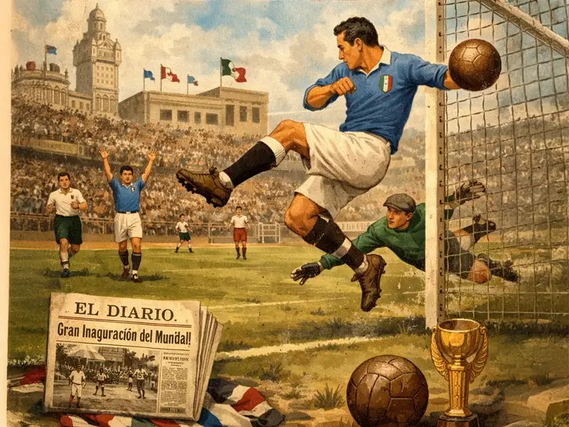 Representação histórica do início da Copa do Mundo de 1930 com destaque para o primeiro gol marcado por Lucien Laurent