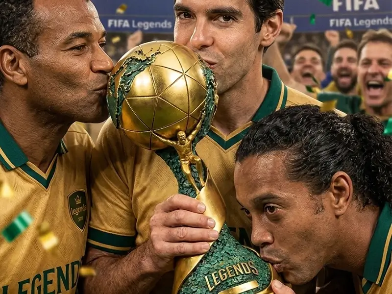 Jogadores comerando o trofeu da copa legends 