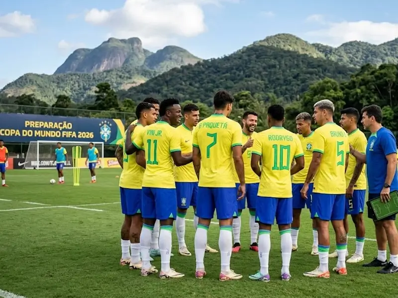 Jogadores da Seleção Brasileira reunidos em campo durante preparação para a Copa do Mundo de 2026