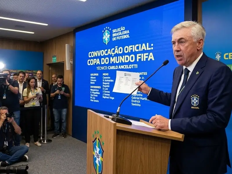 Técnico Carlo Ancelotti anunciando a convocação da Seleção Brasileira para a Copa do Mundo.