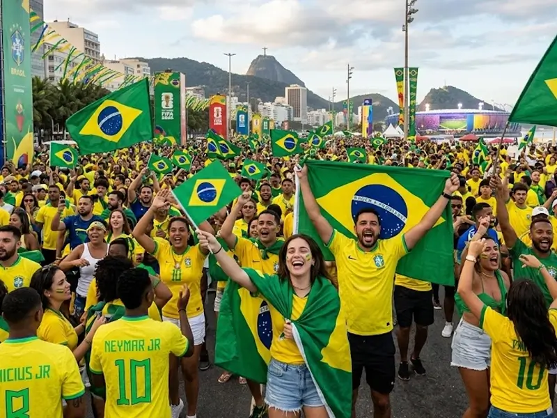 Torcedores brasileiros comemorando com bandeiras do Brasil antes da Copa do Mundo
