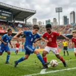 Jogadores de futebol de base disputam a bola em campo